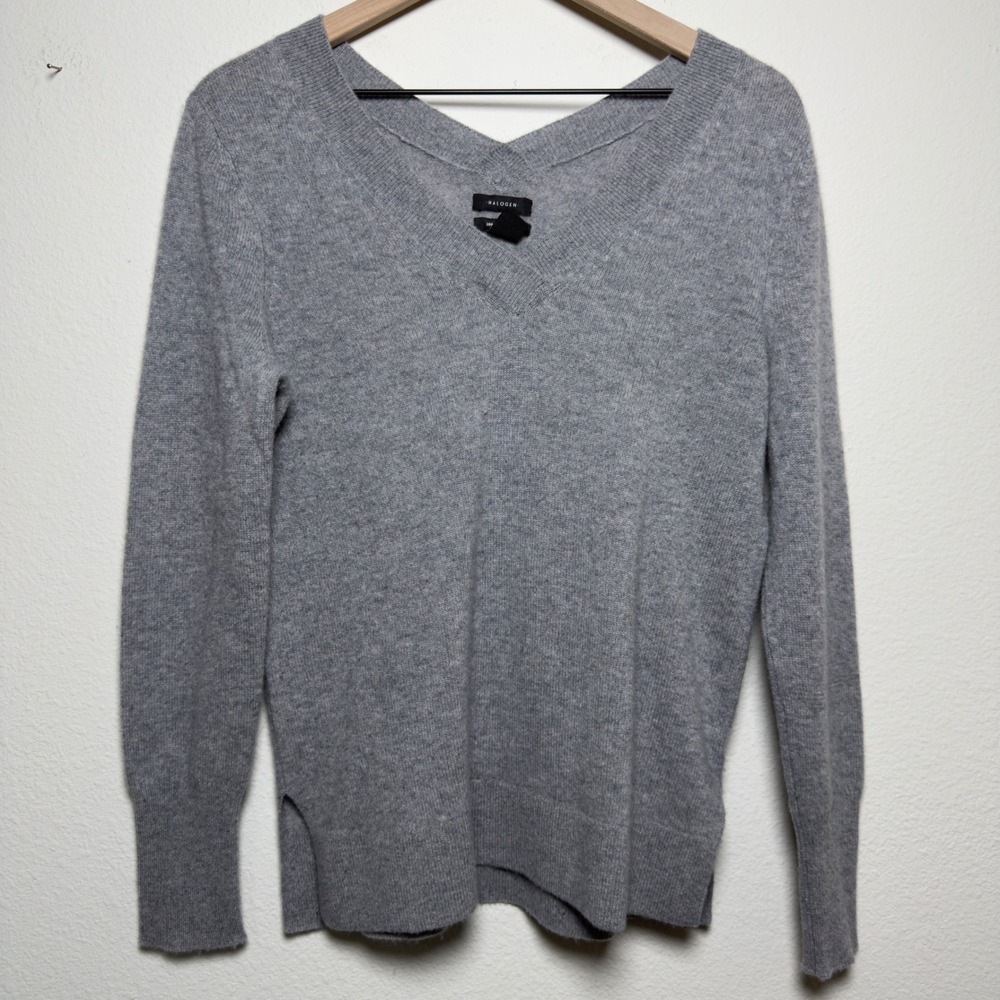 Halogen Women 100% Cashmere V-Neck Sweater M Gray Academia Preppy Luxury